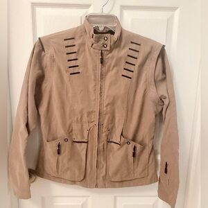 Jamie Sadock Tan Utility Jacket Black Accents Zip Off Sleeves Vest Sz M RARE DE